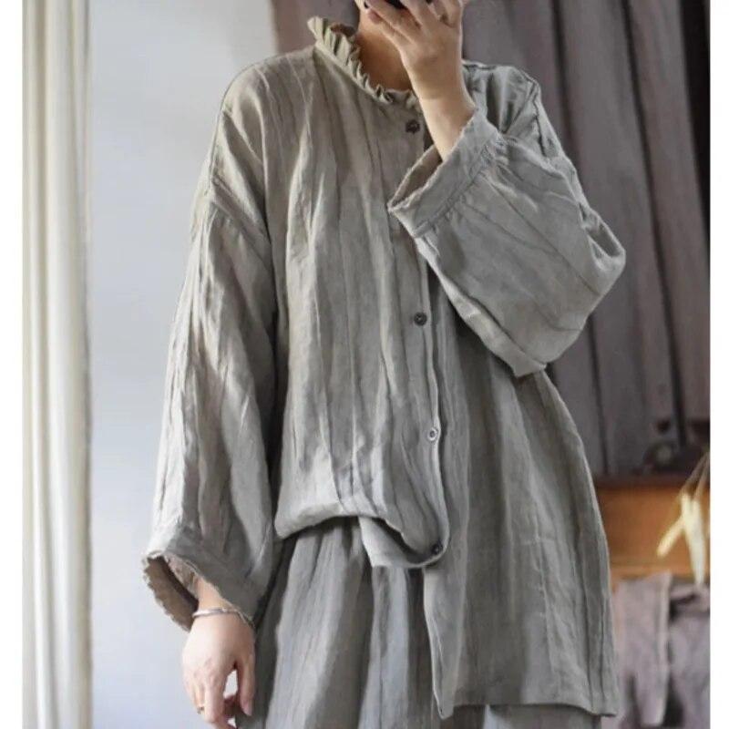 Johnature Льняная рубашка в стиле ретро, нерегулярная винтажная рубашка, осенняя женская повседневная однобортная рубашка с длинными рукавами