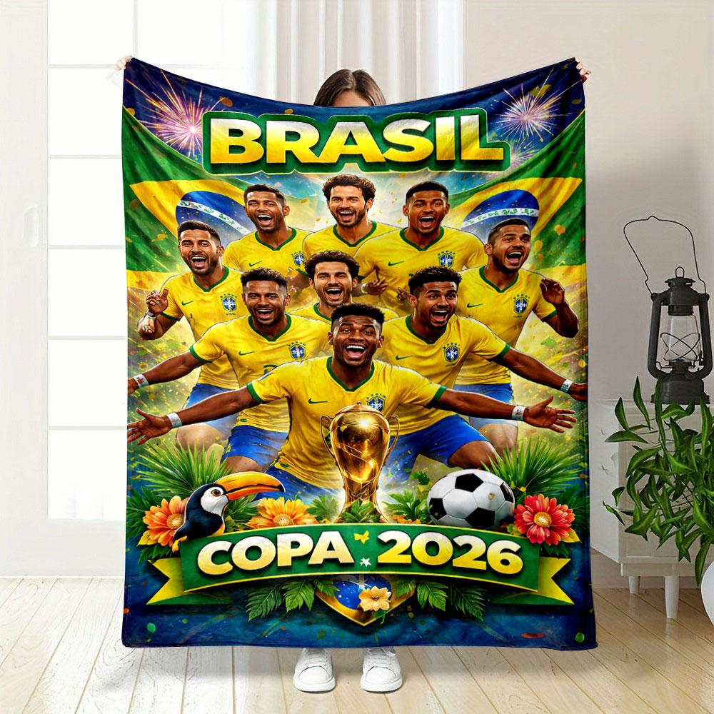 Soccer team in yellow jerseys with Brazil flags and Copa 2026 below. for all seasons blanket lunch break throw gift
