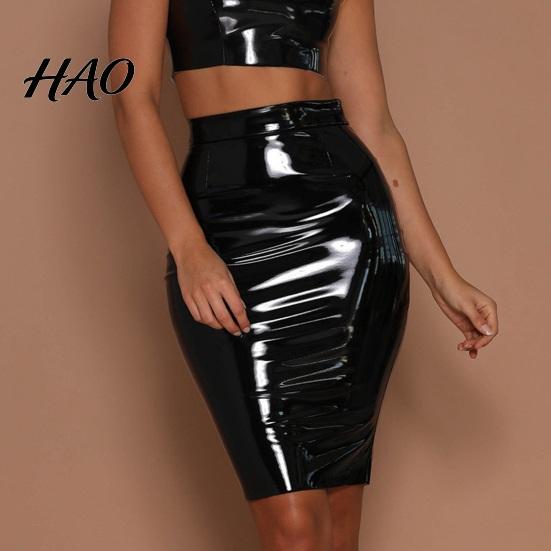 Slimming High Waist Skirt Women Club Faux Leather Skinny Sheath Zipper Closure Solid Knee Length Color Glossy Surface Slim Fit Lady Party Dating