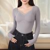Women Thermal Tops Solid Color V-Neck Long Sleeve Velvet Lining Seamless Elastic Bottom Tops Winter Thermal Blouse