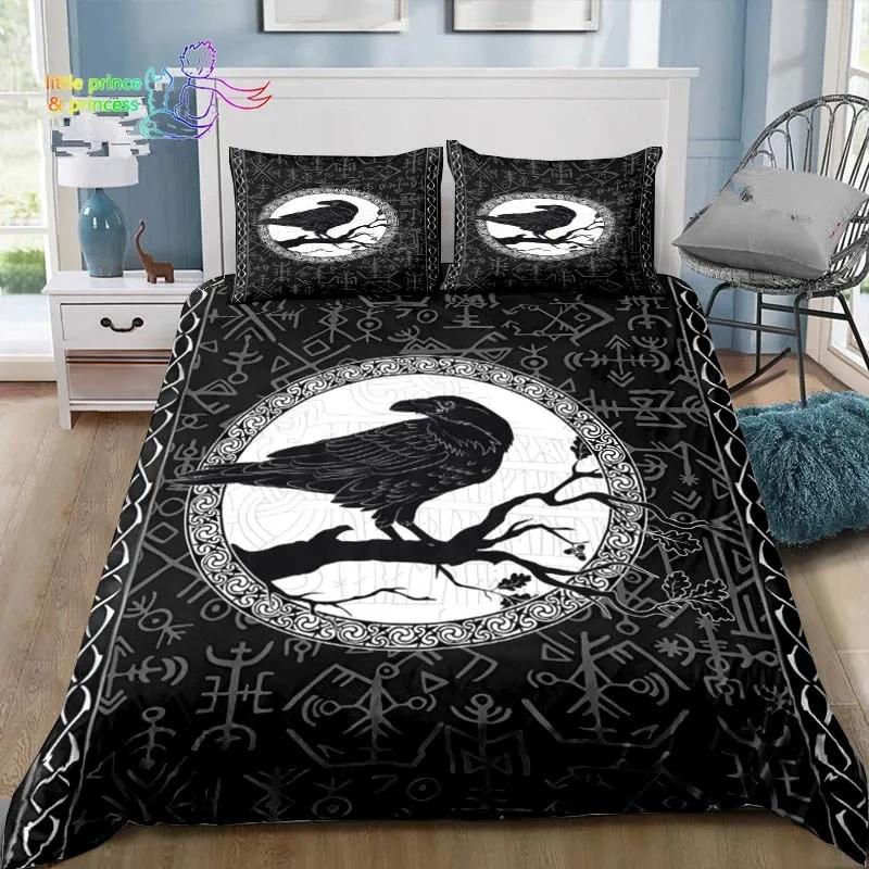 Набор постельного белья с узором викингов, скандинавская мифология, ворон, односпальный, полутораспальный, двуспальный, королевский размер, комплект для кровати размера кинг, для взрослых, для детей, для спальни, 3D-принт