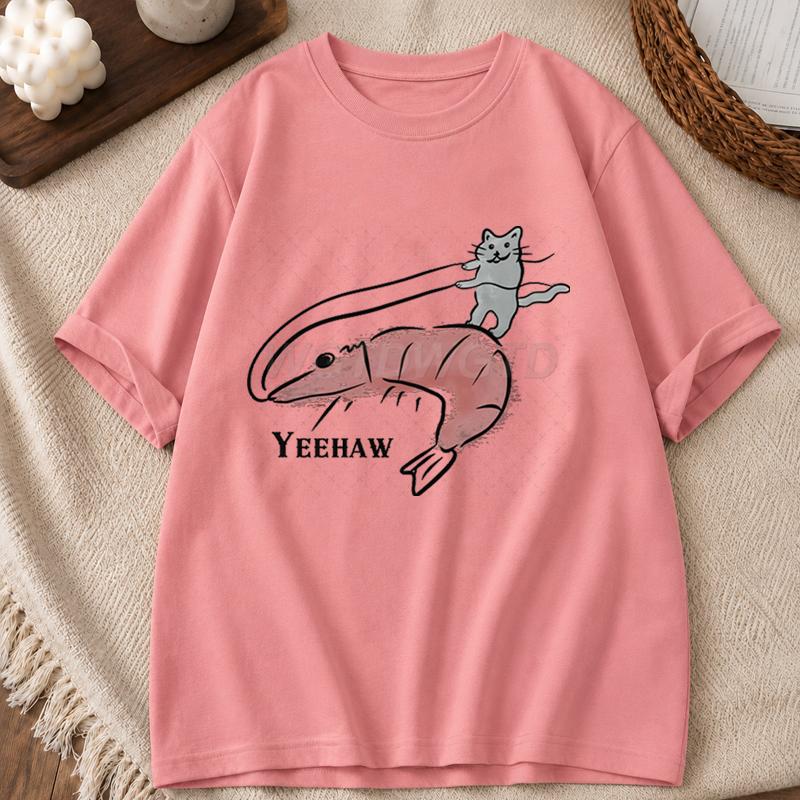 Unisexs Tshirt Cat Riding Shrimp Yeehaw Graphic Tshirts Unisex Unisex Funny Animal Print Casual Tops Cat Lover Gift Adult Clothes