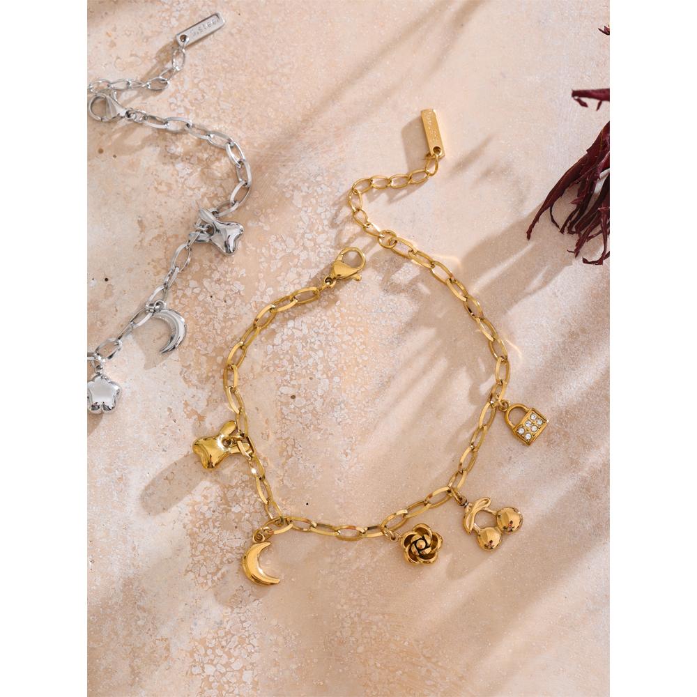 Yhpup Trendy Stainless Steel Flower Cherry Moon Drop Chain Bracelet Bangle Waterproof Fashion Arrivals Wrist Jewelry 2025