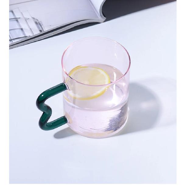 Colored Glass Cup with Wave Handle Coffee Breakfast Cup Large Capacity Milk Cup Microwaveable Cross-border