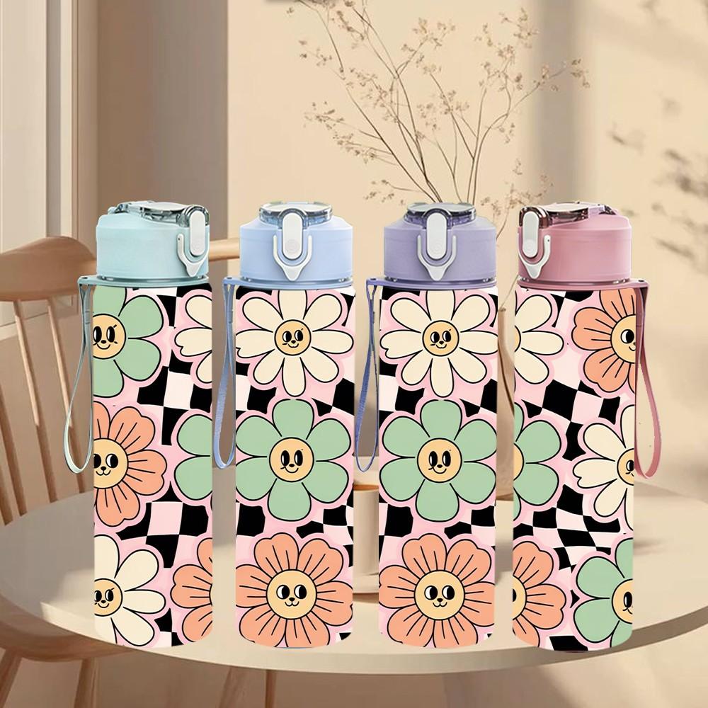 1PC Retro Daisy Flower Checker Pattern 750ml Color Plastic Sports Water Bottle Leakproof Flip Straw Lid Suitable for Sports Office Home Use