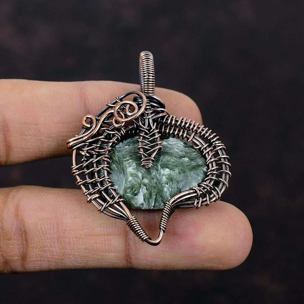 Подвеска из серафинита, обернутая медной проволокой, драгоценный камень, подвеска ручной работы, обернутая проволокой, уникальный медный дизайн, подвеска, подарок на годовщину