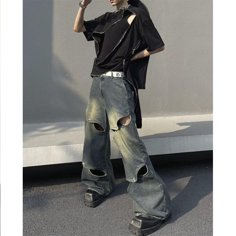 Мужские широкие рваные джинсы в корейском панк-стиле с металлическими вырезами
