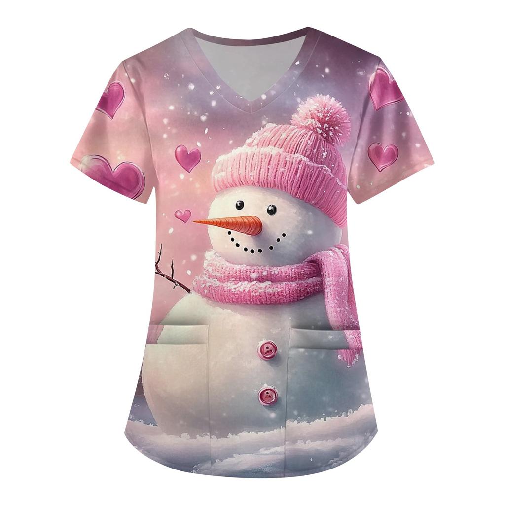 Женская симпатичная рабочая одежда с принтом, V-образным вырезом, двухслойными карманами, базовым коротким рукавом, пуловером на Рождество