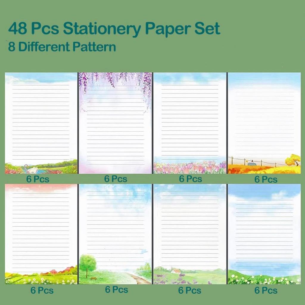 48 Lined Writing Stationery Paper, Beautiful Designs for Writing Letter, Notes, Invitations, Craft, 8 Different Style (11.4 x 8.26")