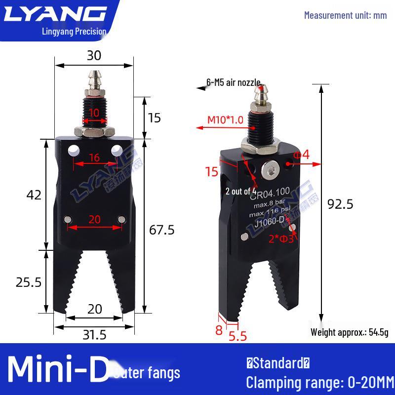 Pneumatic Mini Grippers: A/B/C/E Robot Arm Clamps for Injection Molding (J1060/J1080).
