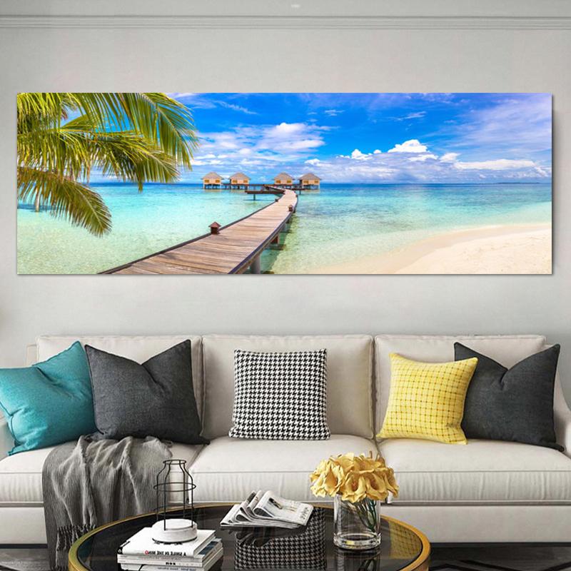 Пейзаж, панорама, деревянный мост, тропический пляж, холст, живопись, постеры и принты, настенное искусство, гостиная, домашний декор, без рамки