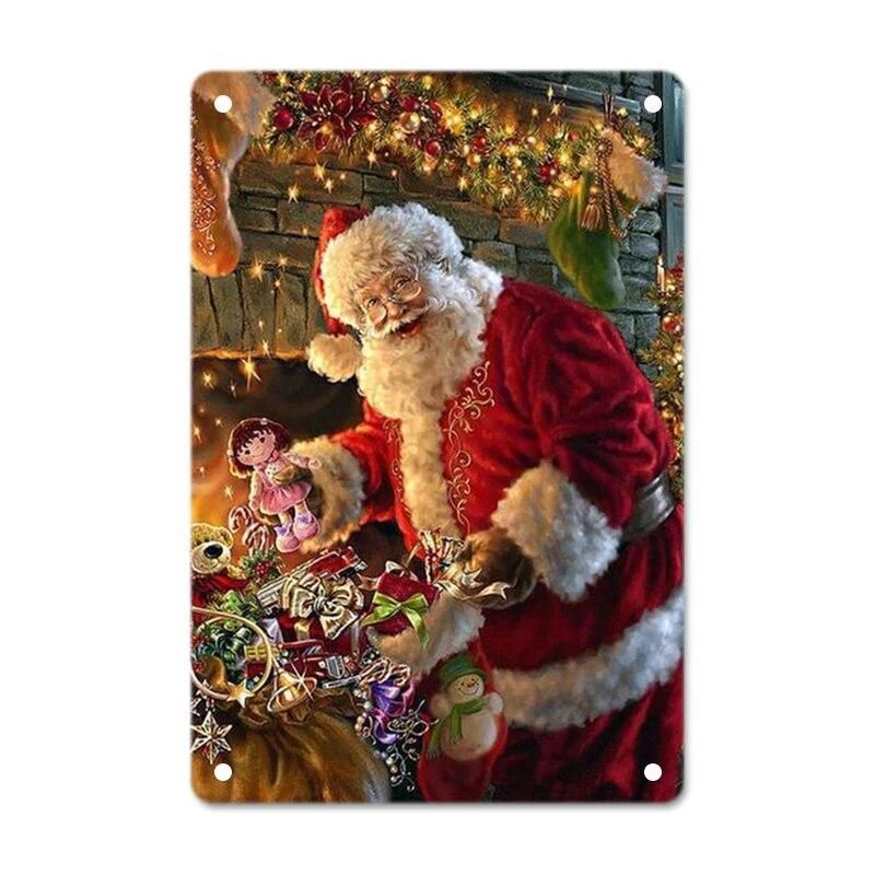 Merry Christmas Posters Tin Sign Cute Snowman and Santa Claus Metal Plaque Wall Art Decor Christmas Gift