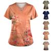 Women's Fashion V Neck Cross Retro Printed Uniform With Pocket T-Shirt Short Sleeve Top