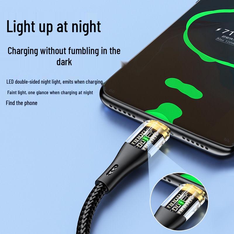 Светящийся плетеный Type-C кабель 120 Вт для Huawei, Xiaomi, Vivo, Oppo - Прозрачный, Super Flash Charge 6A