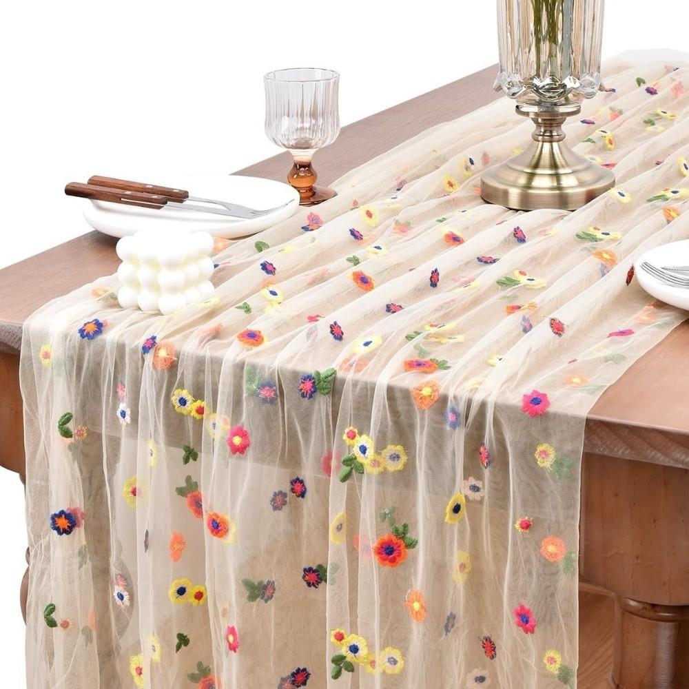 Vintage Embroidery Daisy Table Runner Boho Floral Tablecloth  Holiday Decoration