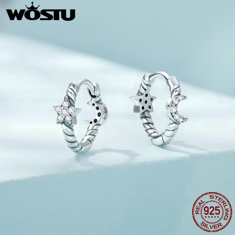 WOSTU Серьги-кольца из стерлингового серебра 925 пробы, модные серьги с полированной луной и звездой, устойчивые к потускнению