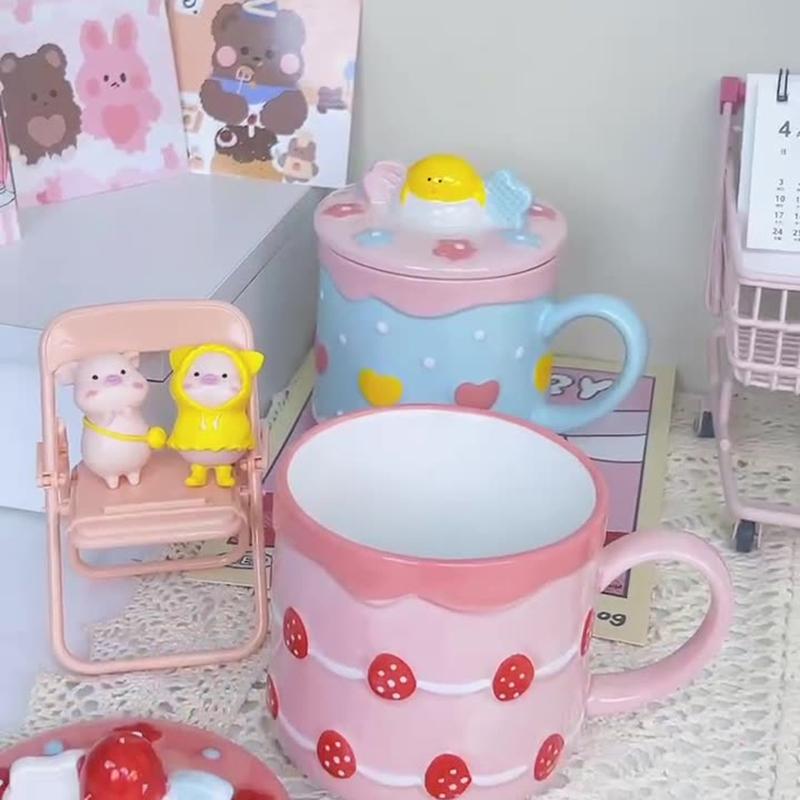 1Pcs 390Ml Ceramic Cup High Value Mug Strawberry Cake Cup Girls Cute Water Cup With Lid Home Milk Breakfast Cup