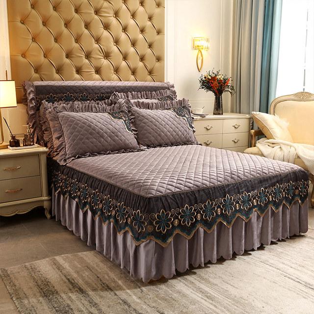 Европейское роскошное кружевное веерное покрывало для кровати, бархатное 200x220, стеганое покрывало королевского размера, юбка королевы, оборки, чехлы на изголовье