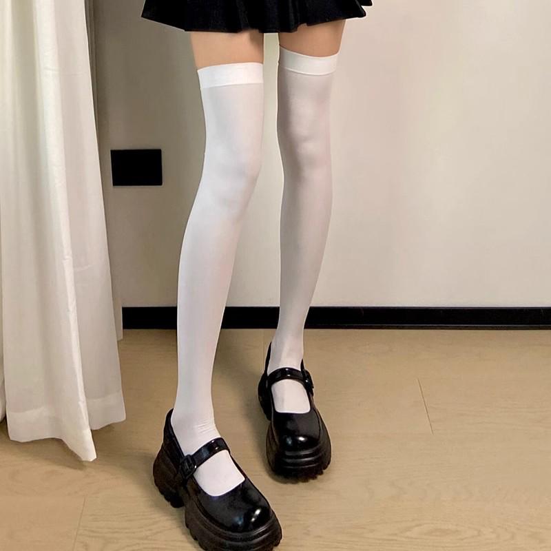Women's 70cm Over-the-Knee Thin Velvet Compression Socks, Spring/Summer Long Black & White Stockings.
