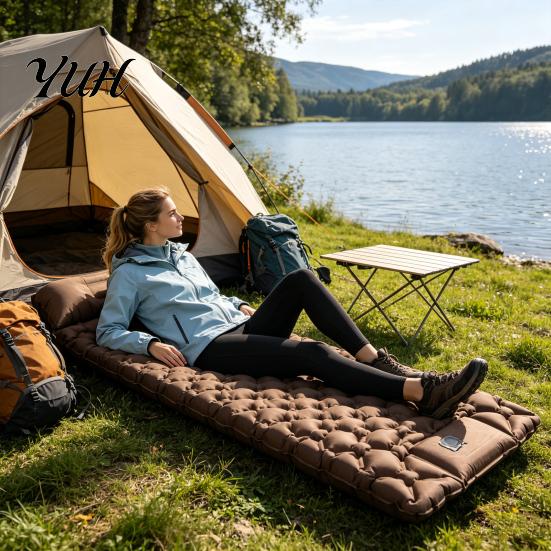 Foot Pump Inflatable Mattress Camping Sleeping Mat with Pillow & Built-in Pump, Ultralight Single Quick Inflate Pad Person Air Mattress, for