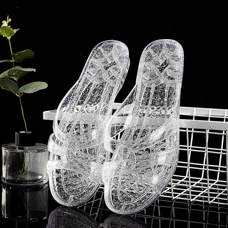 Sparkling Crystal Low Heeled Slippers for Women In Summer, Made of Transparent Plastic Material, Suitable for Indoor and Household Use