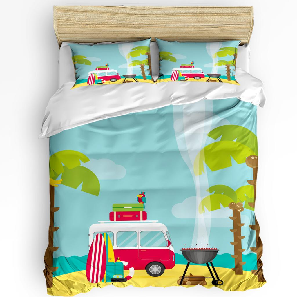 Camping Car Beach Cartoon Trees Sea Bedding Set 3pcs Duvet Cover Pillowcase Kids Adult Quilt Cover Double Bed Set Home Textile