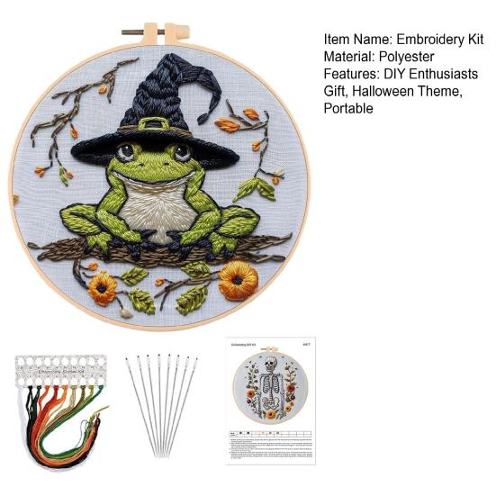 1 Set Halloween Embroidery Kit with Hoop Threads Scissors Threader Beginners Gothic Stamped Cross Stitch Hand Embroidery Starter Kit