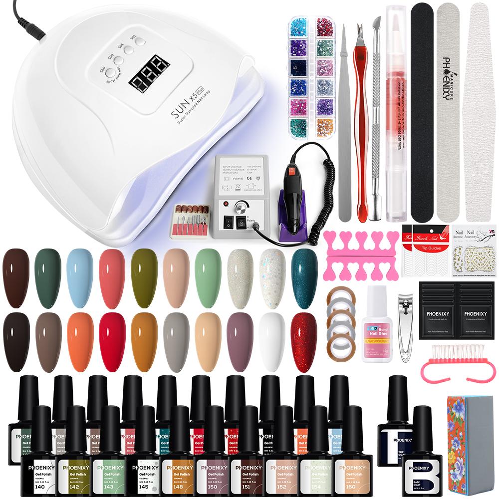 Набор гелей для ногтей PHOENIXY, профессиональный дизайн ногтей с УФ-светодиодной лампой 80 Вт, дрель для гель-лака для ногтей, набор инструментов для удаления лака для ногтей, набор инструментов для маникюра
