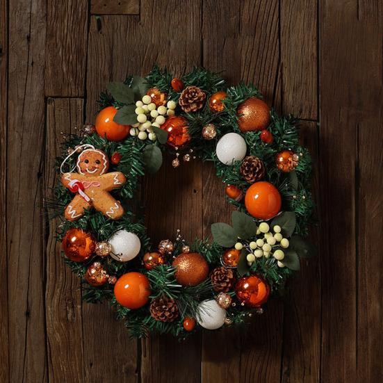 Christmas Wreath for Front Door Artificial Green Pine Needles Teardrop Swag Christmas Garland Decoration with Balls Bows Holiday Decor