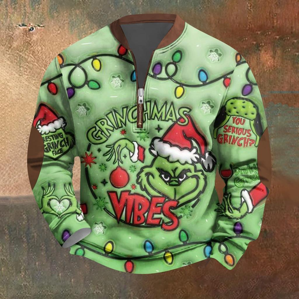 Мужская винтажная зеленая рождественская повседневная толстовка на молнии с трехмерным принтом, пуловер