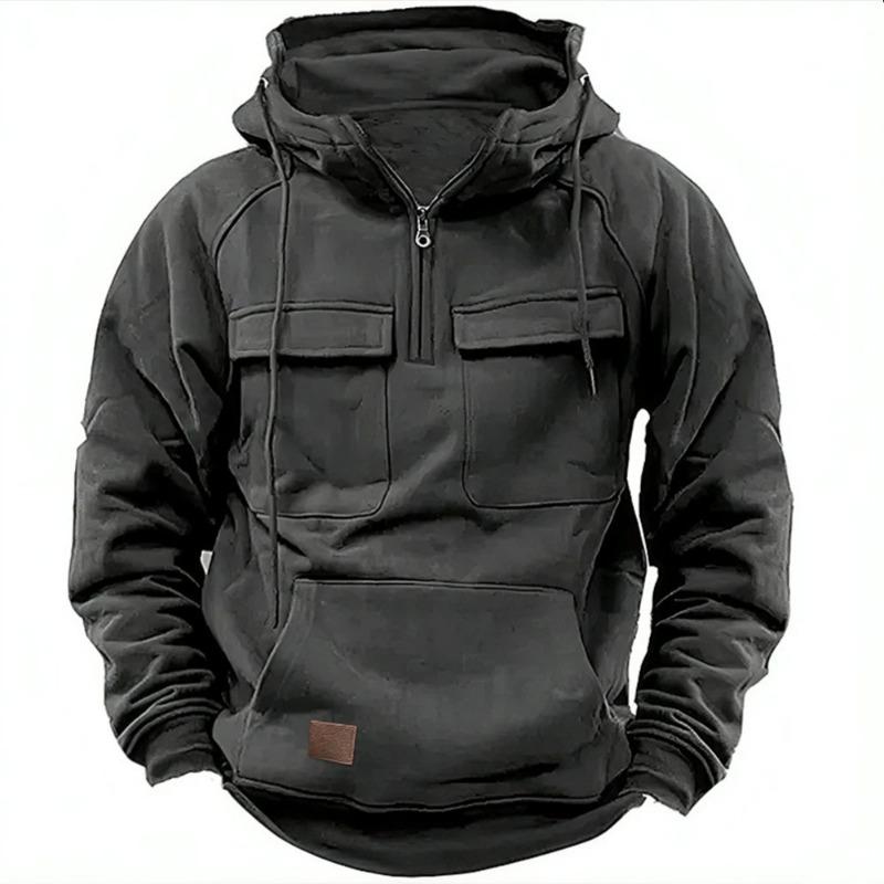 Men’s Solid Color Hooded Sweatshirt with Multi Pockets