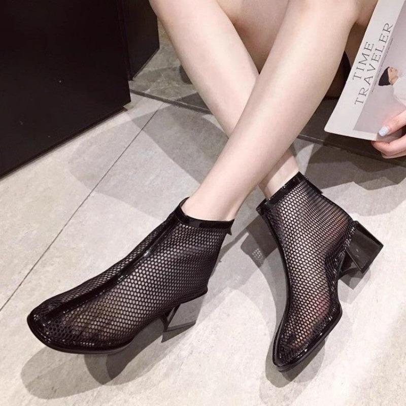 Fashion Black Mesh Hollow Short Boots Women's 2024 New Summer Thin Section Breathable Thick Heel Boots Women's High-top Sandals 35-40