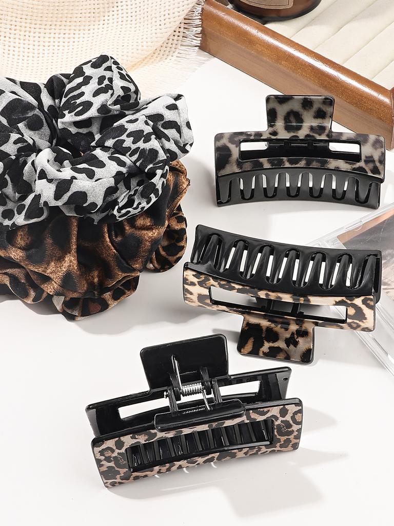 6Pcs Leopard Scrunchies and Hair Claw Clips Set,Silk Hair Ties Big Banana Clips for Women Thin Hair,Hair Accessories