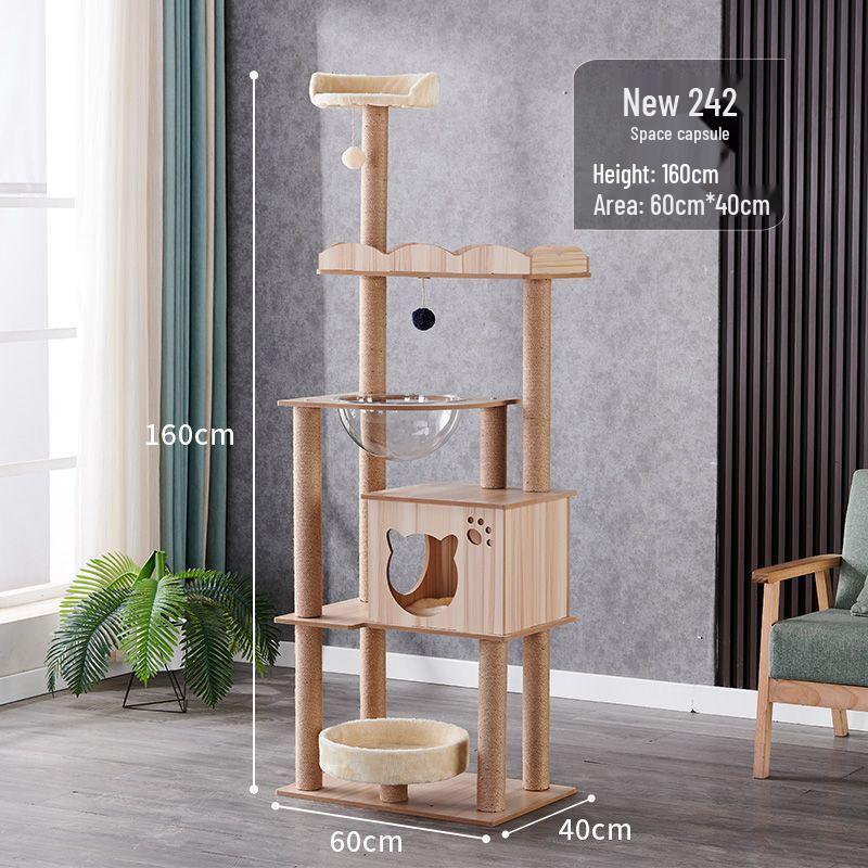 Большая кошачья игровая башня со встроенной кроватью-капсулой, когтеточкой, платформой от пола до потолка и полками.