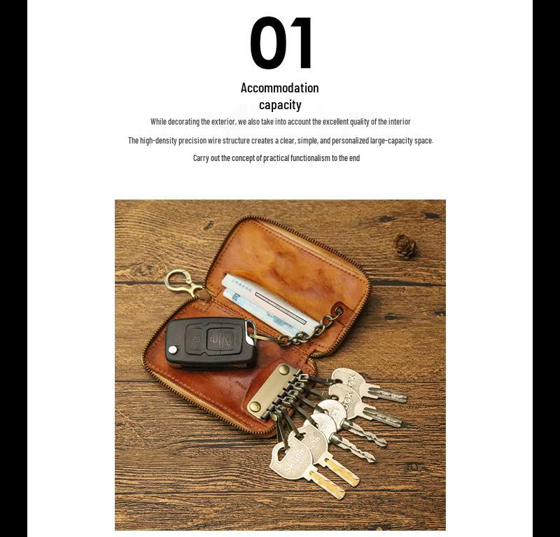 Men's Vegetable-Tanned Leather Multi-Functional Key & Card Holder with Zipper