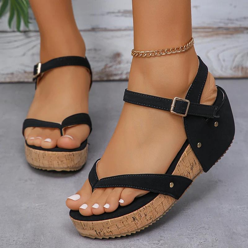 Fashion Clip Toe Wedge Heel Roman Sandals for WomenThick Sole Beach Shoes 2025 Summer Woman White Ankle Strap Chunky Platform Sandalias