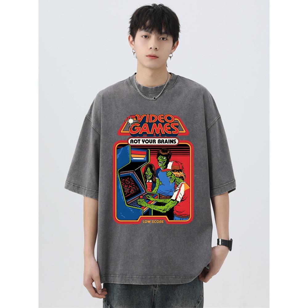 Video Games Rot Your Brains Printing Washed Retro Male Tshirt Oversized Loose T Shirts Cotton T Shirts Breathable