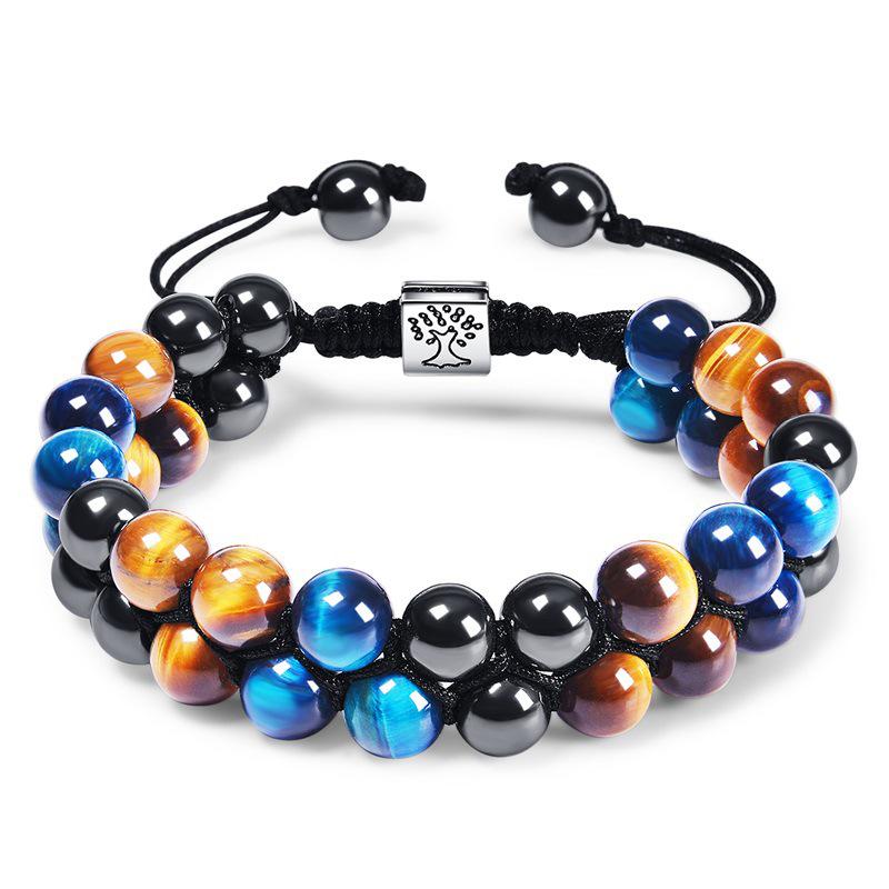 Men's Double-Layer Blue Tiger Eye & Black Agate Magnet Bracelet