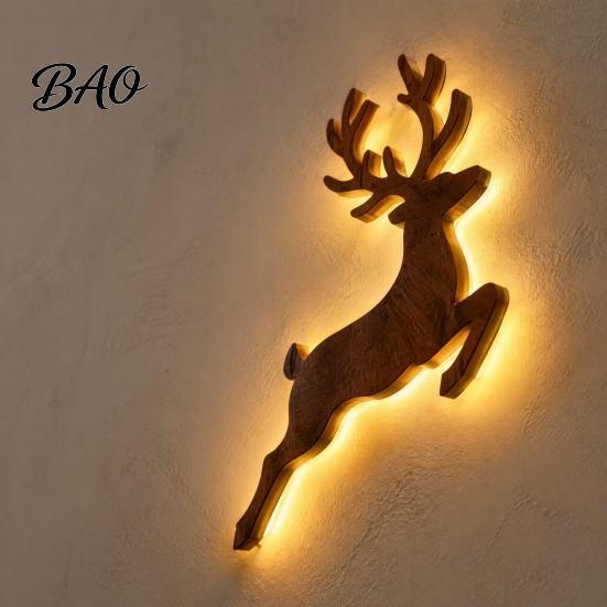 Damage Free Wall Decor Christmas Reindeer Light, Wooden LED Silhouette with Warm Backlight, Seasonal Entryway Accent Battery Operated Lighted Festive