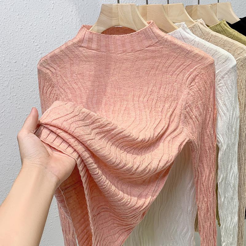 Вязаная базовая футболка для женщин Новый женский темперамент Пуловер с полувысоким воротником Свитер Облегающий топ