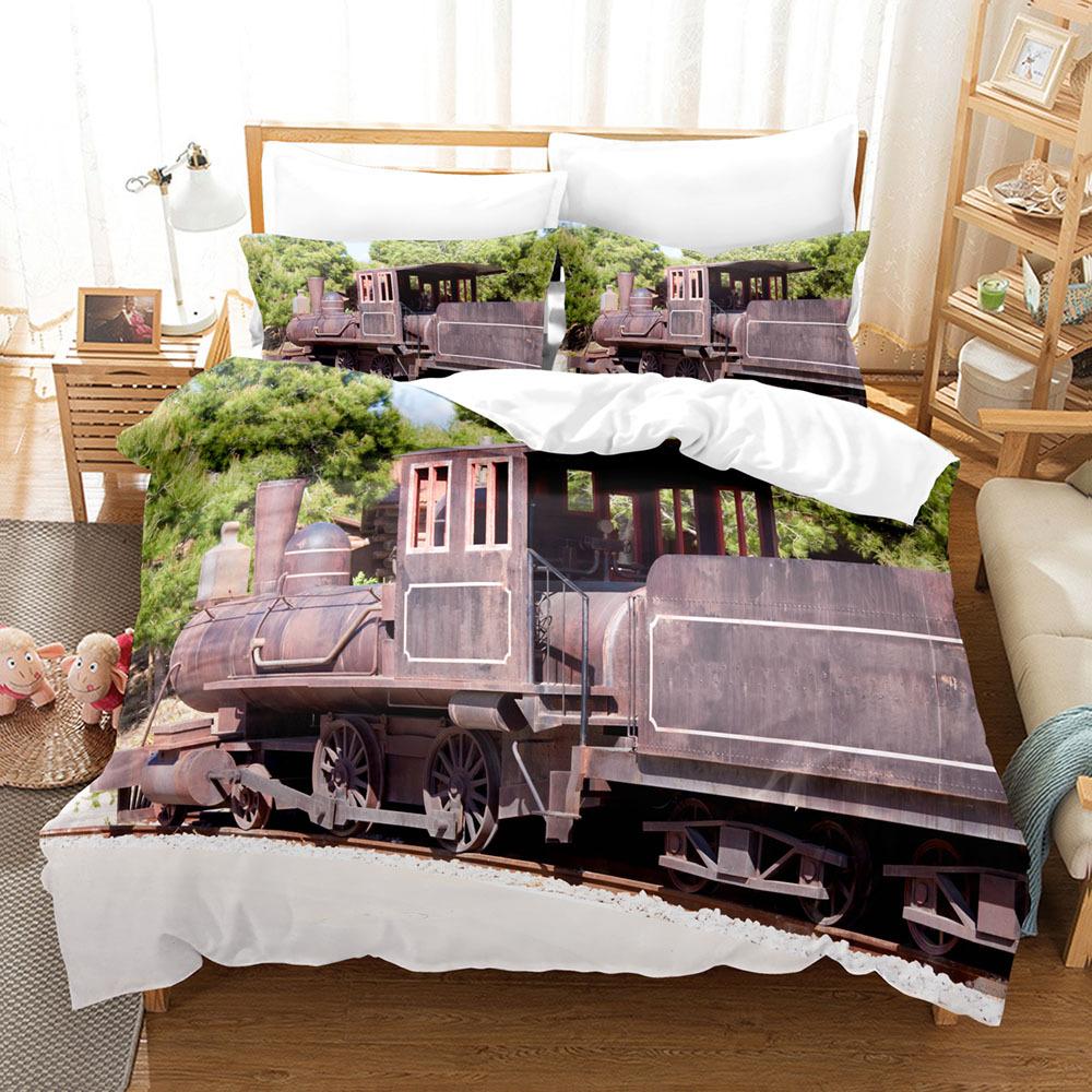 Steam Engine Duvet Cover Set Transportation Old Train King Queen Full Size Polyester Bedding Set For Teen Boys Adult Living Room