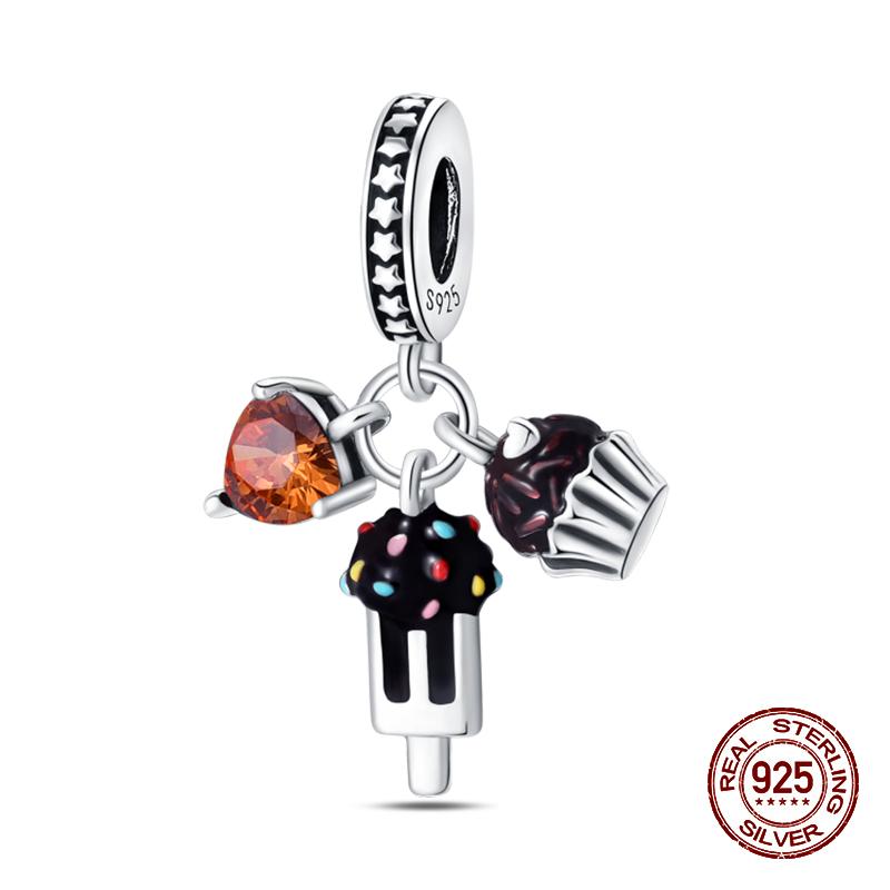 Real 925 Sterling Silver Chocolate Pizza Cake Fries Food Charms Beads Fit 925 Original Bracelets DIY Cute Jewelry Gifts