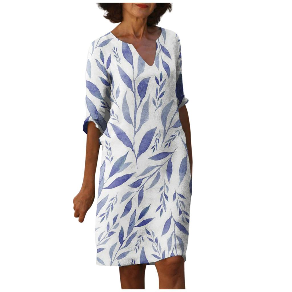 Women's Summer Vintage Print V-neck Half-sleeve Dress Light Breathable Dress