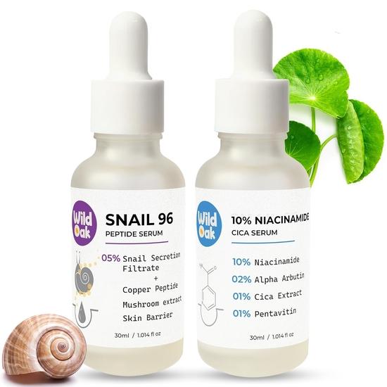 WildOak Hydration & Pore Minimizer Serum Combo: 10% Niacinamide Cica Serum + Snail 96 Peptide Serum | 30ml Each
