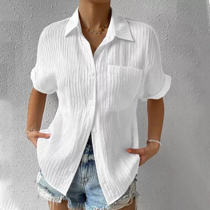 Summer Women's Casual Shirt Solid Color Lapel Button Short Sleeve Tunic Shirt Business Casual Work Shirt Office Femininity Top