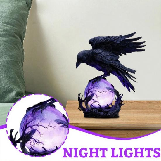 Gothic Raven LED Lamp Hand-Crafted Sculpture On Purple Glow Sphere Mysterious Decor for Dark Art And Halloween Unique Desk Night Light