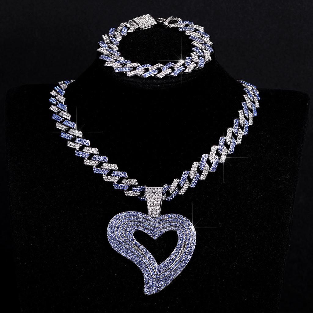 Hip Hop Color Zircon Heart Pendant Cuban Chain Necklace & Bracelet Set Luxury Iced Out Fashion Jewelry Gift