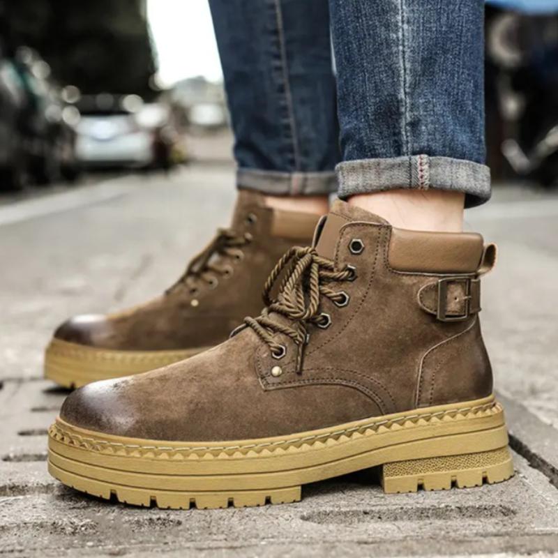 Winter Men Vintage Split Suede Boots Brown High-Top Work Boots Lace-Up Desert Ankle Rugged Sole Boots Outdoor Winter Fall Shoes