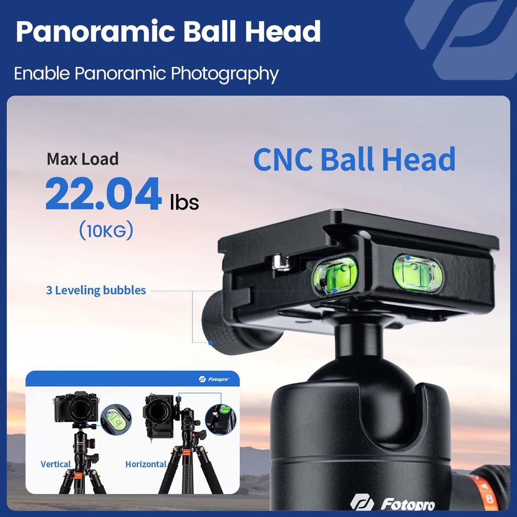 Fotopro Carbon Fiber 160cm Overhead Photography Tripod Horizontal Camera Tripod 360 Degree Ball Head with Quick Release Plate DSLR Max Load 10kg Black