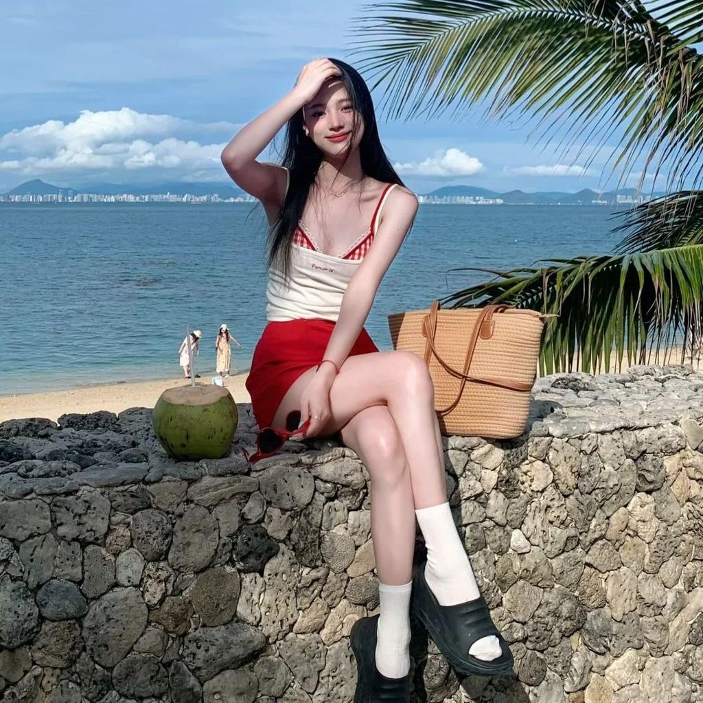 Summer Sexy Slim Sling Sleeveless Set Dress Women Korean Fashion Skinny Plaid Thin Tops Female + Aesthetic Y2k Solid Dresses New